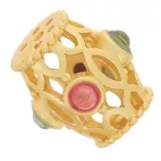 Perle tube ajouré travaillé 9x7mm avec imitation pierres gemme - Doré à l'or fin