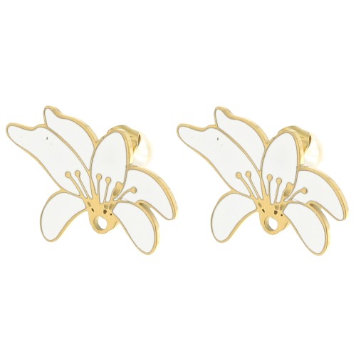 Clous d'oreilles fleur 14x20 mm - résine époxy - Acier inox 304L Doré - Blanc x2