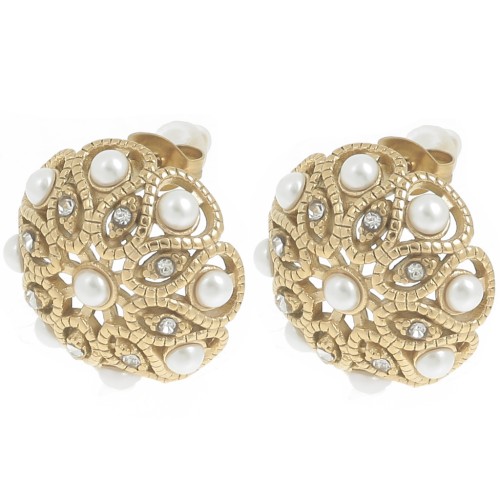 Clous d'oreilles rosace 19 mm strass et imitation nacre - Acier inox 304L Doré x2