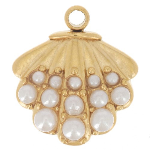 Breloque coquille Saint-jacques 11x10 mm avec cabochons imitation nacre - Acier inox 304L Doré x1