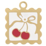 Breloque mini cadre 19.5x16 mm motif cerises - résine époxy - Acier inox 304L Doré|raw }}
