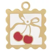 Breloque mini cadre 19.5x16 mm motif cerises - résine époxy - Acier inox 304L Doré
