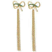Boucles d'oreilles noeud pendantes 70x20 mm avec CZ Acier inox 304L Doré - Vert x2