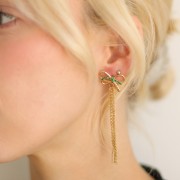 Boucles d'oreilles noeud pendantes 70x20 mm avec CZ Acier inox 304L Doré - Vert x2