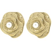 Boucles d'oreilles fleur 22mm avec perle imitation nacre - Acier inox 304L Doré x2|raw }}