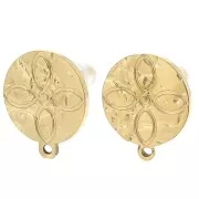 Clous d'oreille rond martelé 12 mm - motif rosace - Acier inoxydable 304L Doré x2