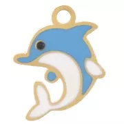 Breloque dauphin 9x7 mm - résine époxy - Acier inoxydable 304L Doré  - Bleu x1