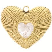 Pendentif coeur strié 19x22.5 mm avec strass - Acier inoxydable 304L Doré x1