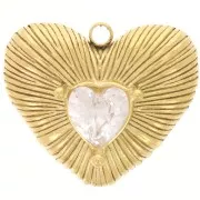 Pendentif coeur strié 19x22.5 mm avec strass - Acier inoxydable 304L Doré x1