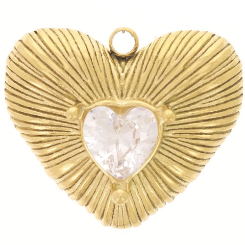 Pendentif coeur strié 19x22.5 mm avec strass - Acier inoxydable 304L Doré x1