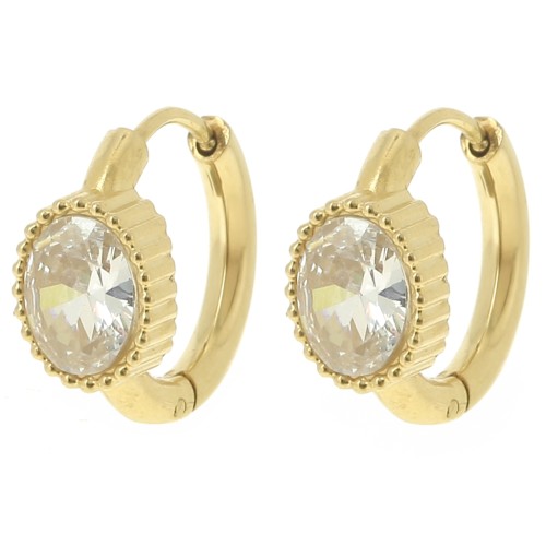 Créoles rondes 16 mm - cabochon ovale oxyde de zirconium - Acier Inox 304L Doré x2