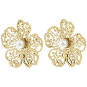 Boucles d'oreilles fleur filigranée 24x26mm imit nacre - Acier inox 304L Doré x2|raw }}