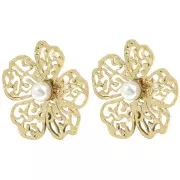 Boucles d'oreilles fleur filigranée 24x26mm imit nacre - Acier inox 304L Doré x2