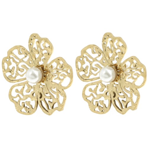 Boucles d'oreilles fleur filigranée 24x26mm imit nacre - Acier inox 304L Doré x2
