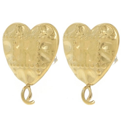 Clous d'oreilles coeur effet matelassé 17x14 mm - Acier inoxydable 304L Doré x2
