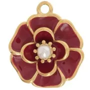 Pendentif fleur 20 mm avec perle imitation nacre - Acier inox 304L Doré - Rouge x1