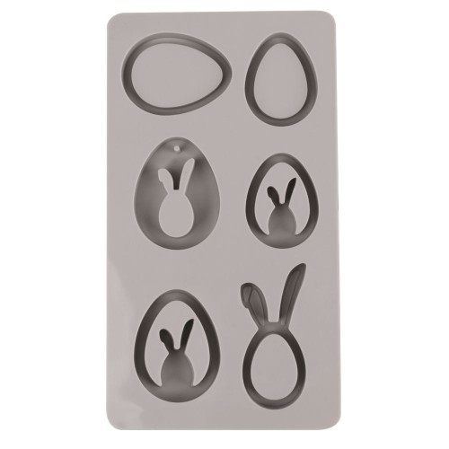 Moule en silicone 26x14.5 cm - 6 formes Oeufs et Lapin Pendentif - Gris x1