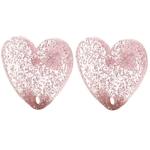 Clous d'oreilles coeur en acrylique 14x15.5 mm - Pailleté vieux rose x2