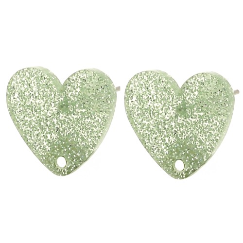 Clous d'oreilles coeur en acrylique 14x15.5 mm - Pailleté vert mousse x2