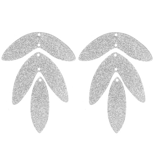Set de 6 pendentifs feuilles 62x45 mm en acrylique à monter - Pailleté argenté