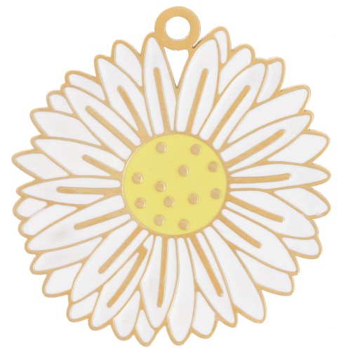 Pendentif fleur marguerite 20.5mm résine époxy - Acier inox 304L Doré - Blanc x1