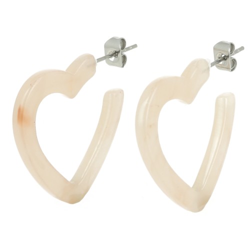 Créoles coeur en acétate 26 mm - Marbré beige - écru x2