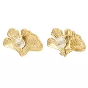 Clous d'oreilles Ginkgo 11x17 mm avec anneau ouvert - Acier inox 316L Doré x2