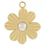 Breloque trèfle striée 12x9 mm avec strass - Acier inoxydable 316L Doré x1