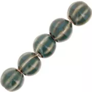 Perles rondes striées en céramique 11 mm - Bleu Vert - Beige marbré x10