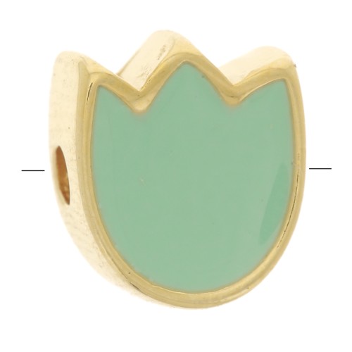 Perle fleur Tulipe 9x8 mm avec résine époxy - Doré à l'or fin - Vert d'eau x1