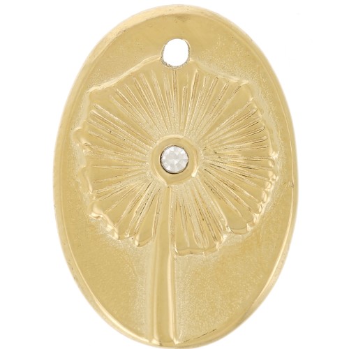 Pendentif ovale 20x14 mm - motif fleur avec strass - Acier inox 316L Doré x1