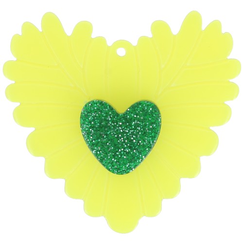 Pendentif coeur en relief 37x39 mm en acrylique - Jaune fluo - Vert pailleté x1