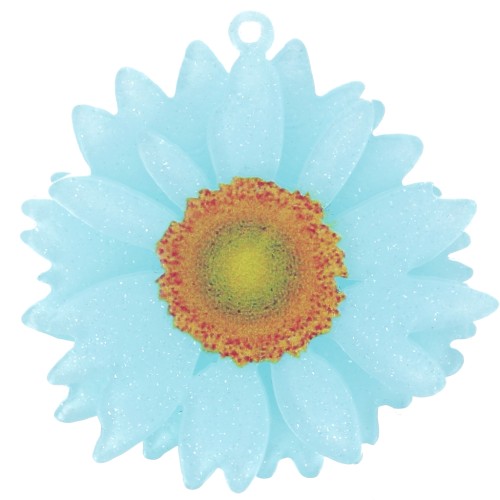 Pendentif fleur marguerite 3D 41 mm en acrylique - Bleu clair pailleté x1