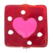 Perle carré en verre 15x15 mm - motif coeur - Rouge - Rose x1