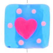 Perle carré en verre 15x15 mm - motif coeur - Bleu - Rose x1
