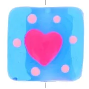 Perle carré en verre 15x15 mm - motif coeur - Bleu - Rose x1