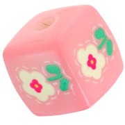 Perle cube 14 mm en acrylique - motif fleur - Rose clair - Blanc x1