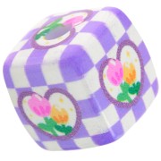 Perle cube 14 mm en acrylique - motif carreaux et fleurs - Violet - Blanc x1