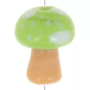 Perle champignon 12x10 mm en verre - motif pois - Vert clair - Marron clair x1