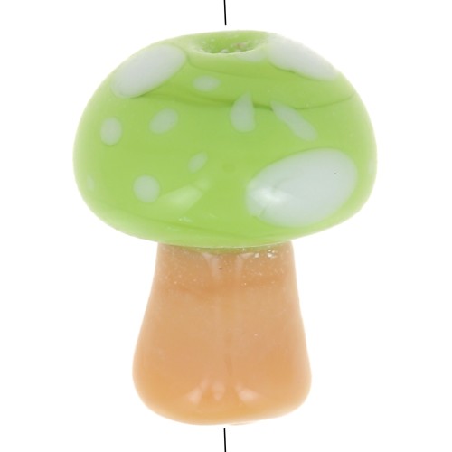 Perle champignon 12x10 mm en verre - motif pois - Vert clair - Marron clair x1