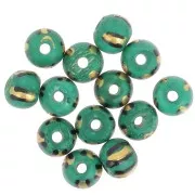 Assortiment de perles rondes aplatie 10x8 mm en os teinté - Rayé - Vert - Doré x20