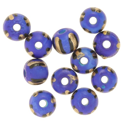 Assortiment de perles rondes aplatie 8x7 mm en os teinté - Rayé - Bleu - Doré x20