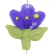 Perle fleur 21.5x20 mm en verre - Bleu foncé - Vert x1