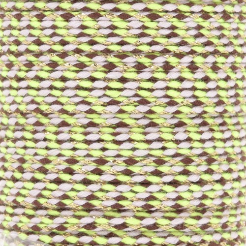Cordon en coton tressé et fil métallisé 1.5 mm - Marron - Jaune fluo - Doré x1m