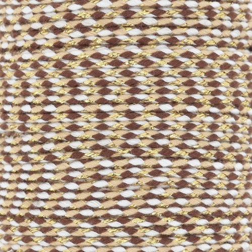 Cordon en coton tressé et fil métallisé 1.5 mm - Marron - Sable - Blanc - Doré x1m