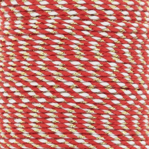 Cordon en coton tressé et fil métallisé 1.5 mm - Rouge - Blanc - Doré x1m