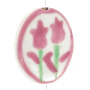 Perle plate ovale 20x16 mm motif fleur - en céramique - Vieux rose - Blanc x1|raw }}