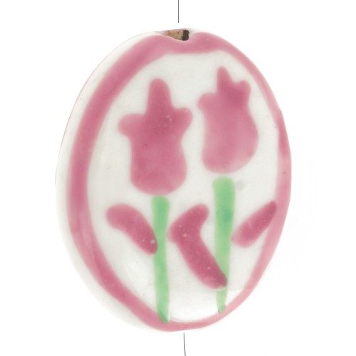 Perle plate ovale 20x16 mm motif fleur - en céramique - Vieux rose - Blanc x1