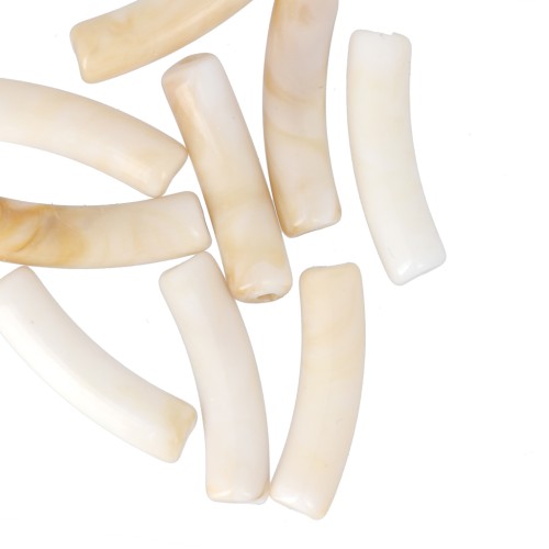 Perles tube incurvé en acrylique opaque 19x5 mm - Marbré Beige - Marron x10