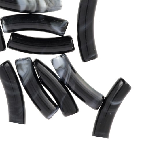 Perles tube incurvé en acrylique opaque 19x5 mm - Noir marbré x10